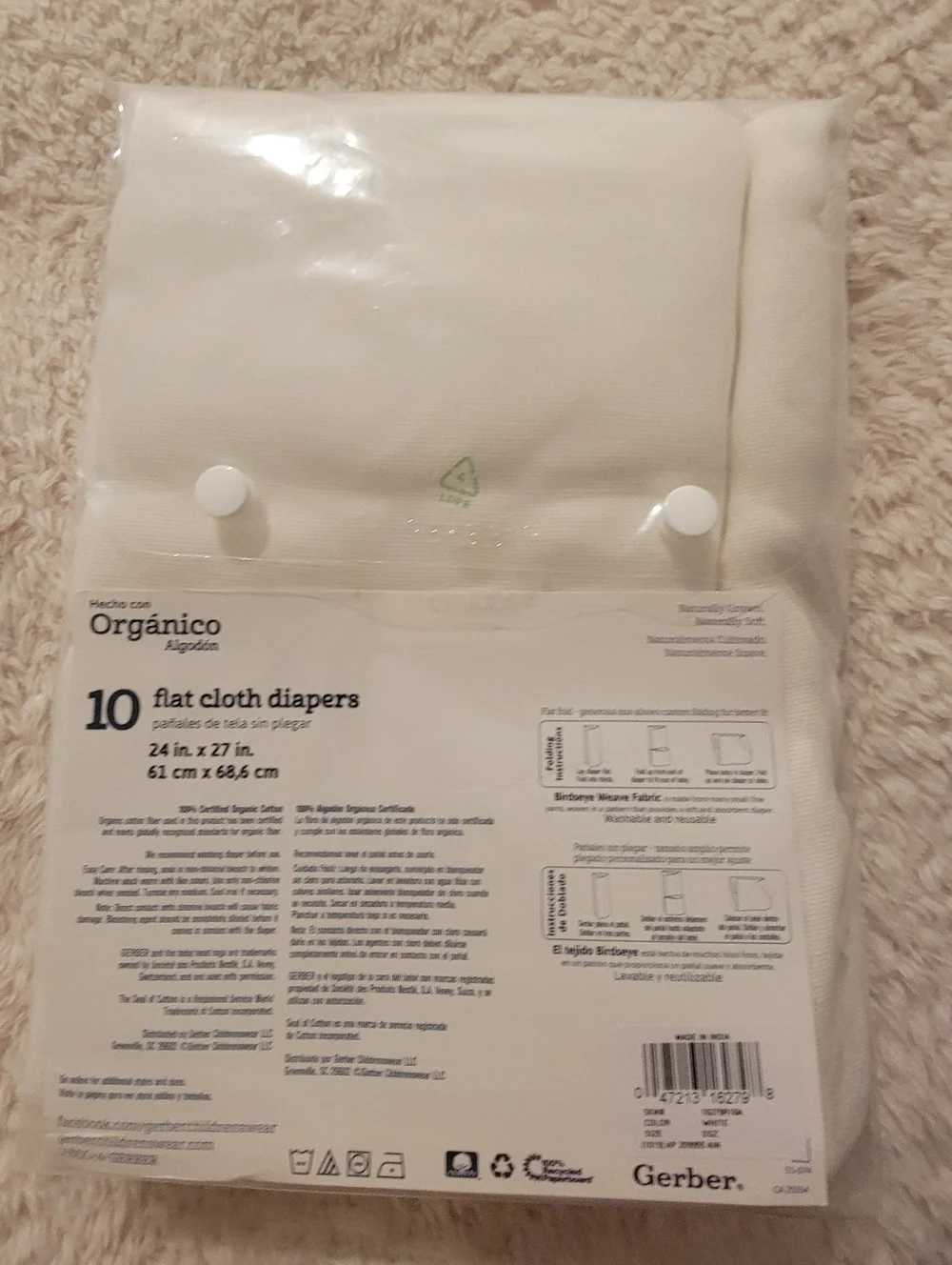 Gerber White Cloth Diapers 10 Pack Organic Cotton And Pins
